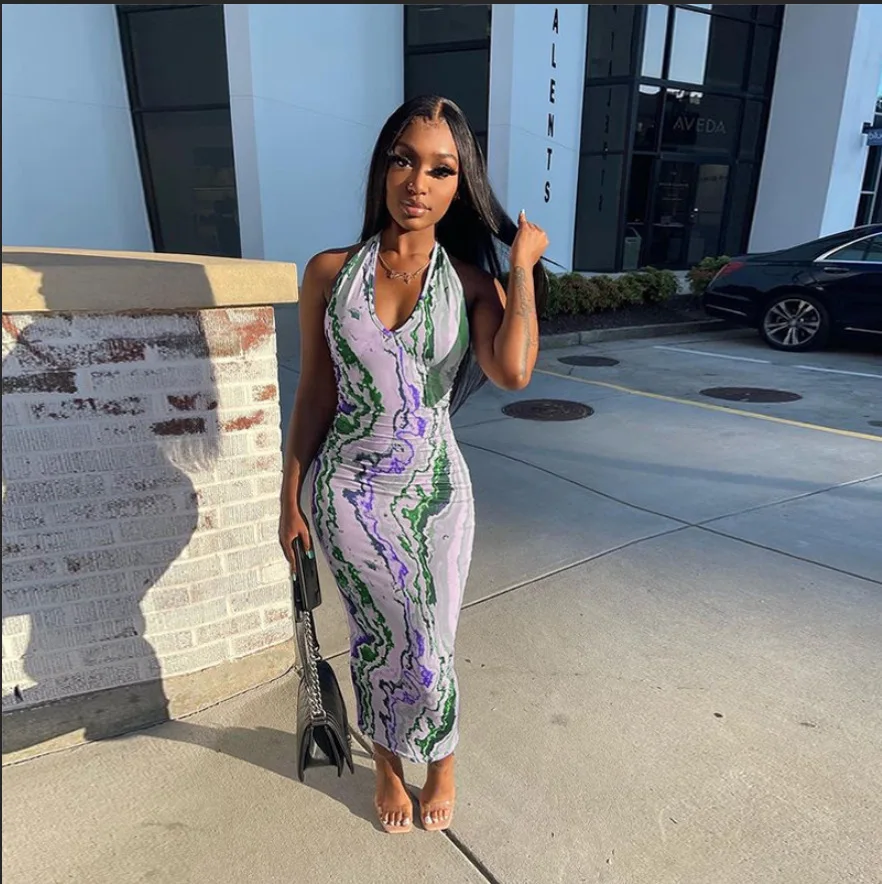 

2022 spring fashion printing halterneck long skirt mid-waist casual dresses