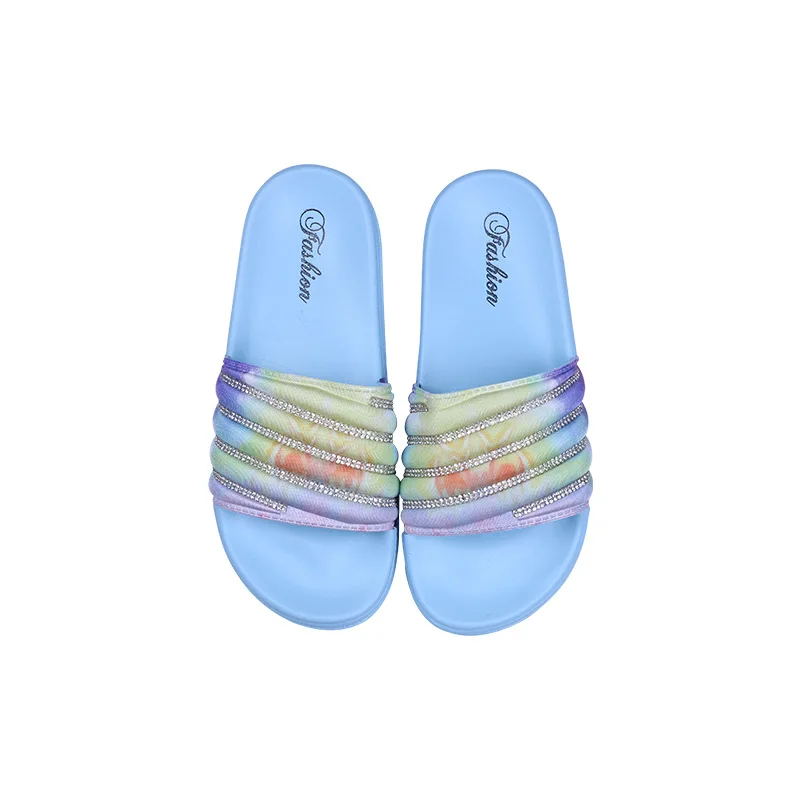 

New fashion women shoes diamond sandals tie dye crystal slides flat colorful rhinestone outdoor indoor PVC lady slippers