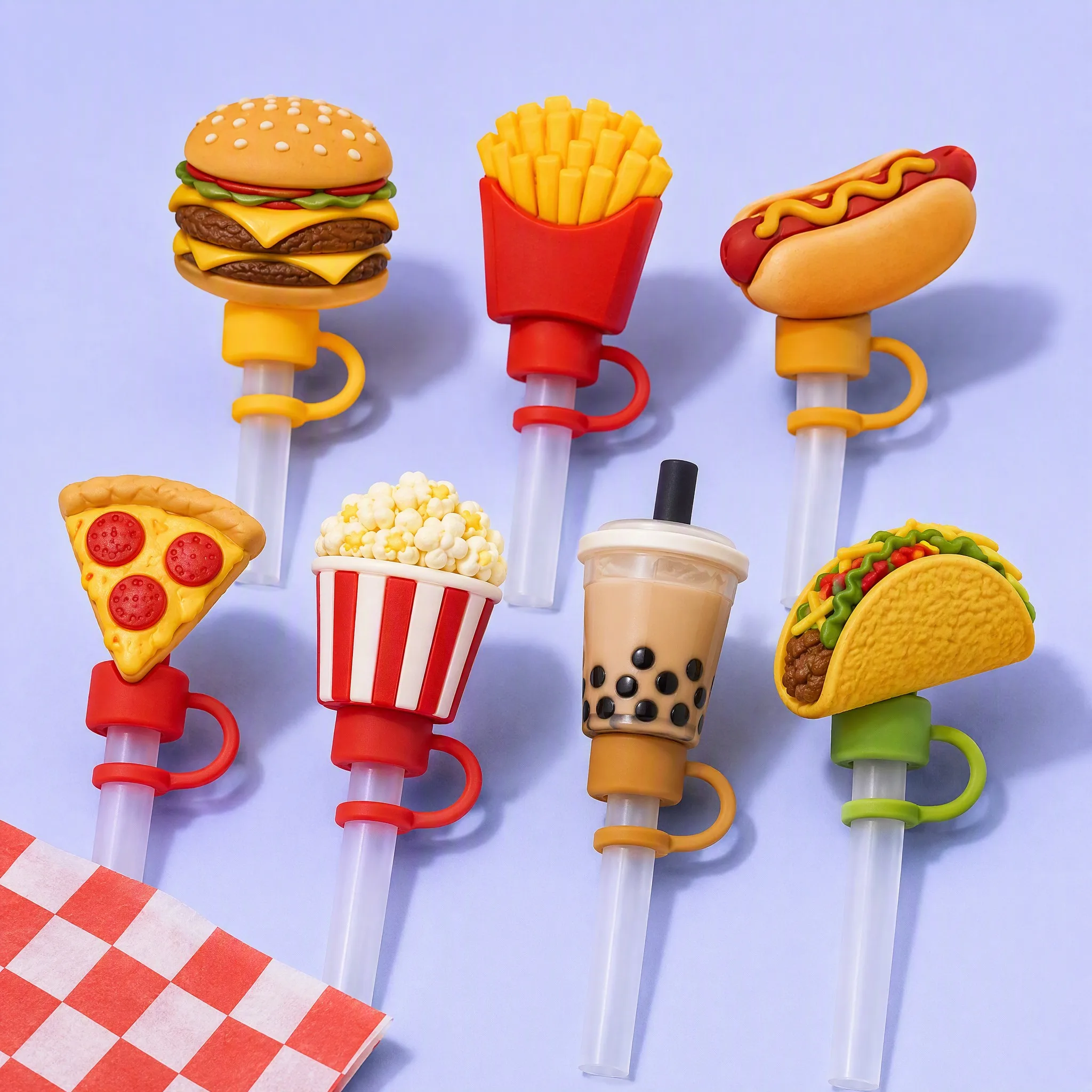 Fast Food and Snacks Silicone Straw Toppers 7 Styles Lineup for Stanley 10mm Straws