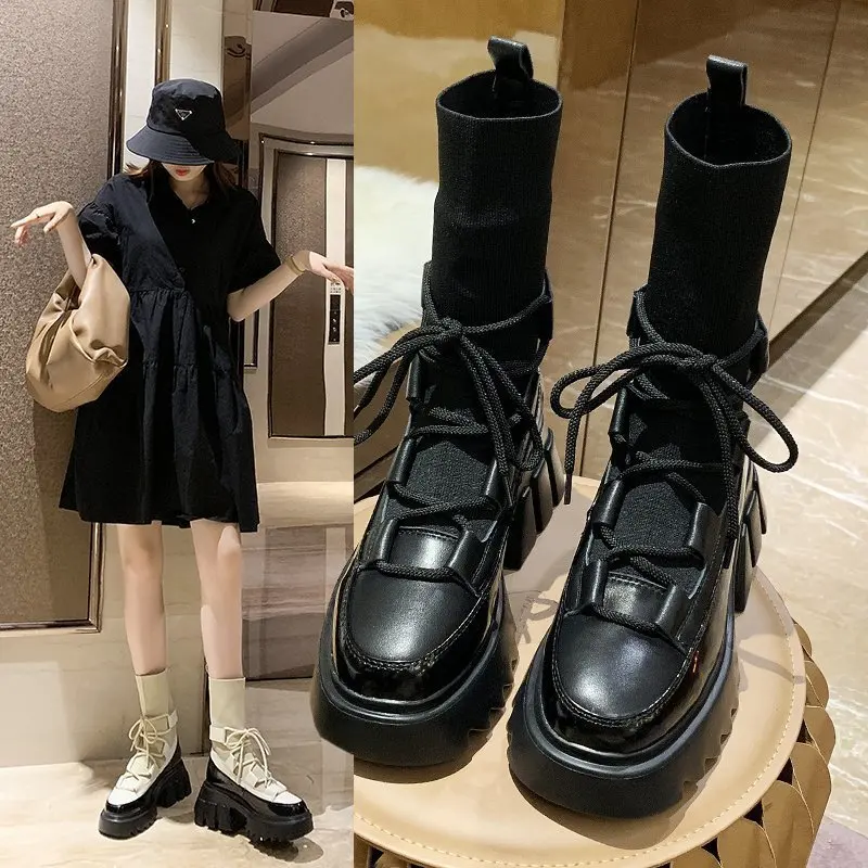 

2021 Autumn Women boots shoes Fashion Women boots Round PU leather Ankle Winter Black Comfortable Platform Boots, Black,beige