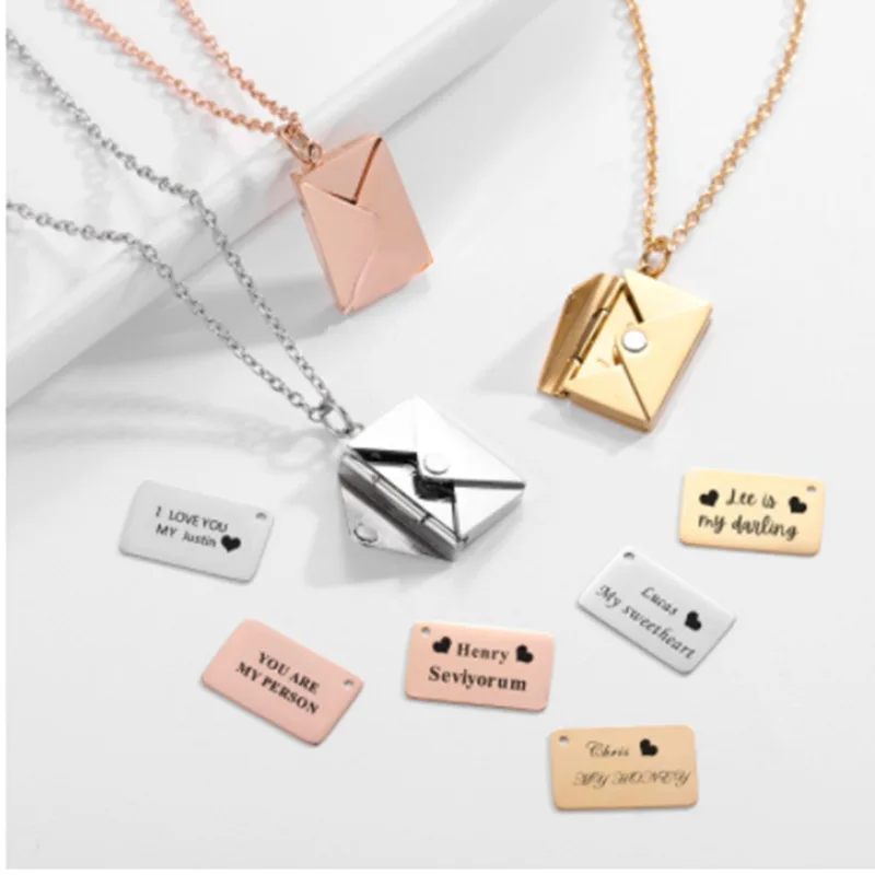 

2022 new style personalized engraved letter pendant necklace stainless steel envelope pendant necklace, Steel color,gold,rose gold