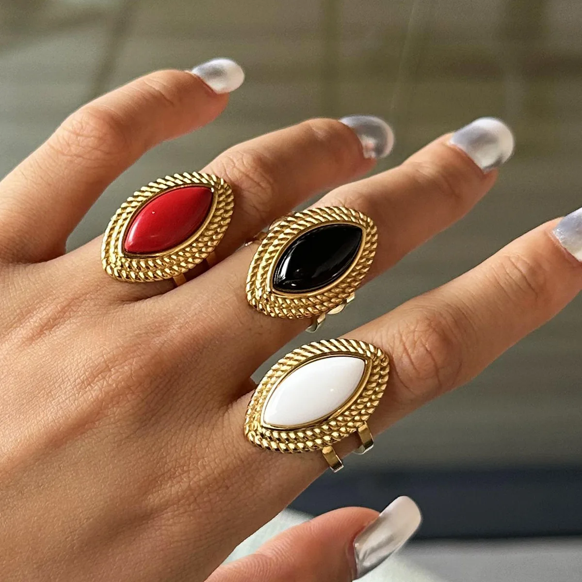New Stainless Steel 18K Gold Plated Women Ring Polished Trapezoid Chunky Open Rings