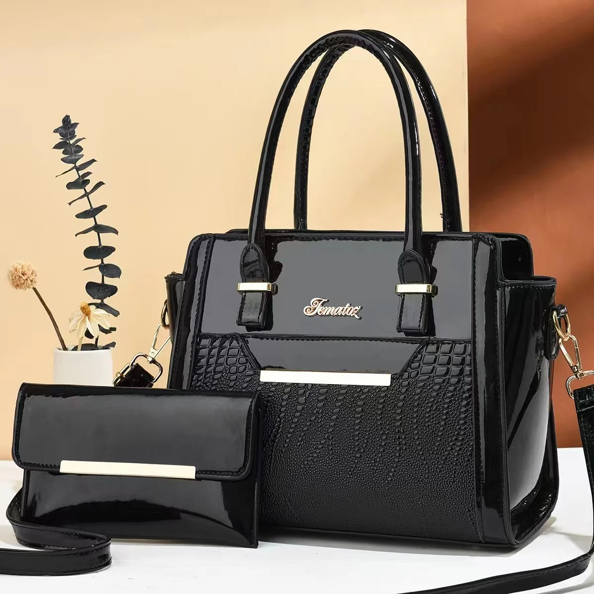 

2023 fashion pu leather large capacity women tote bag shoulder alligator ladies handbags set