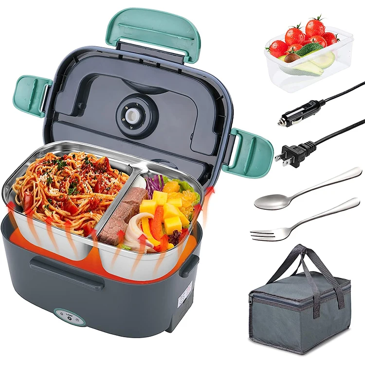 110V/220V/12V/24V Food Warmer Stainless Steel Container Electric Lunch Box with 2 Compartments Inner for Car Truck
