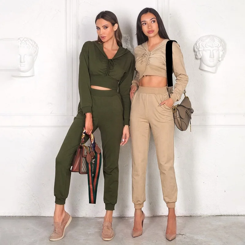 

2021 Lady Jogging Track Girl Set Two Piece Woman V neck Sustaina High Waist Zipper Sets 100% Cotton Womens 2 Pieces Casual Suits, Champagne army green
