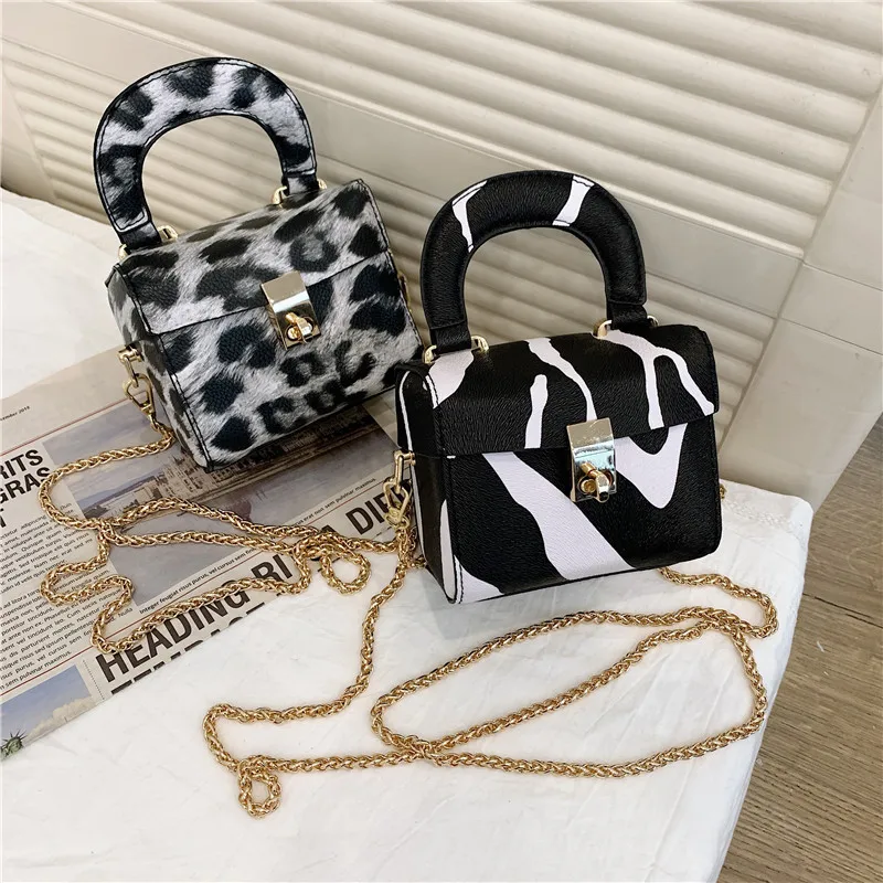 

2021 Fashion round arch handle mini chain animal print box shape handbags ladies bags clutch purse for women, 3 colors