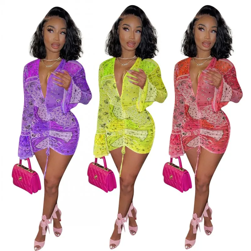 

Print Summer Bandage Dresses Women Sexy Deep V Neck Flare Sleeve Party Club Spring Mesh Splice Ruched Dress