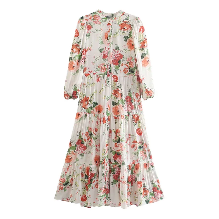 

BMURHMZA2021 summer new women's casual holiday style flower print Lantern Sleeve single breasted round neck women's dress, Picture color
