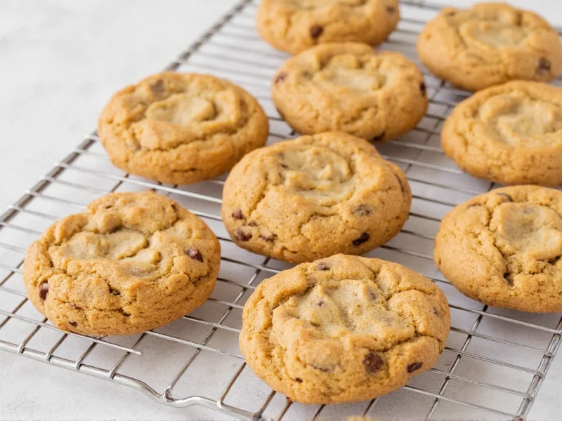 Perfect golden chocolate chip cookies on cooling rack