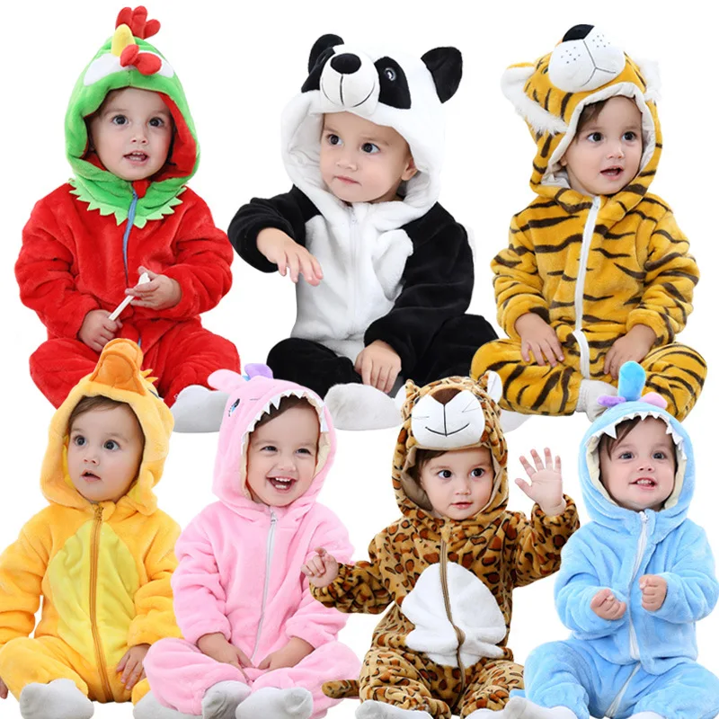 

2021 New Wholesale Cartoon Flannel Jumpsuit Costume Winter Baby Rompers Clothes Cute Animal Onesie Pajama Unicorn Panda Stitch