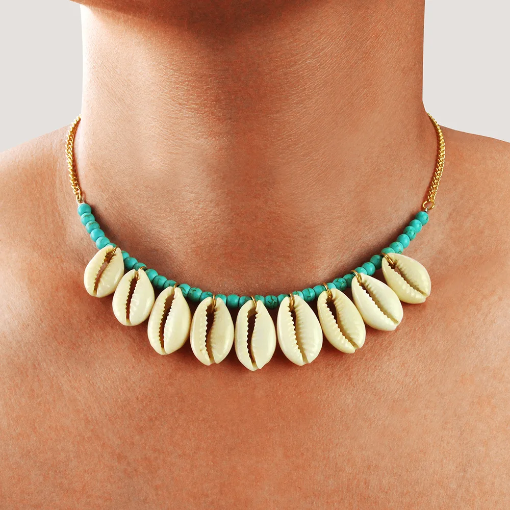 

Wholesale Fashion Shell Tassels Pendant Necklace Beach Bead Necklace For Women, White+gold