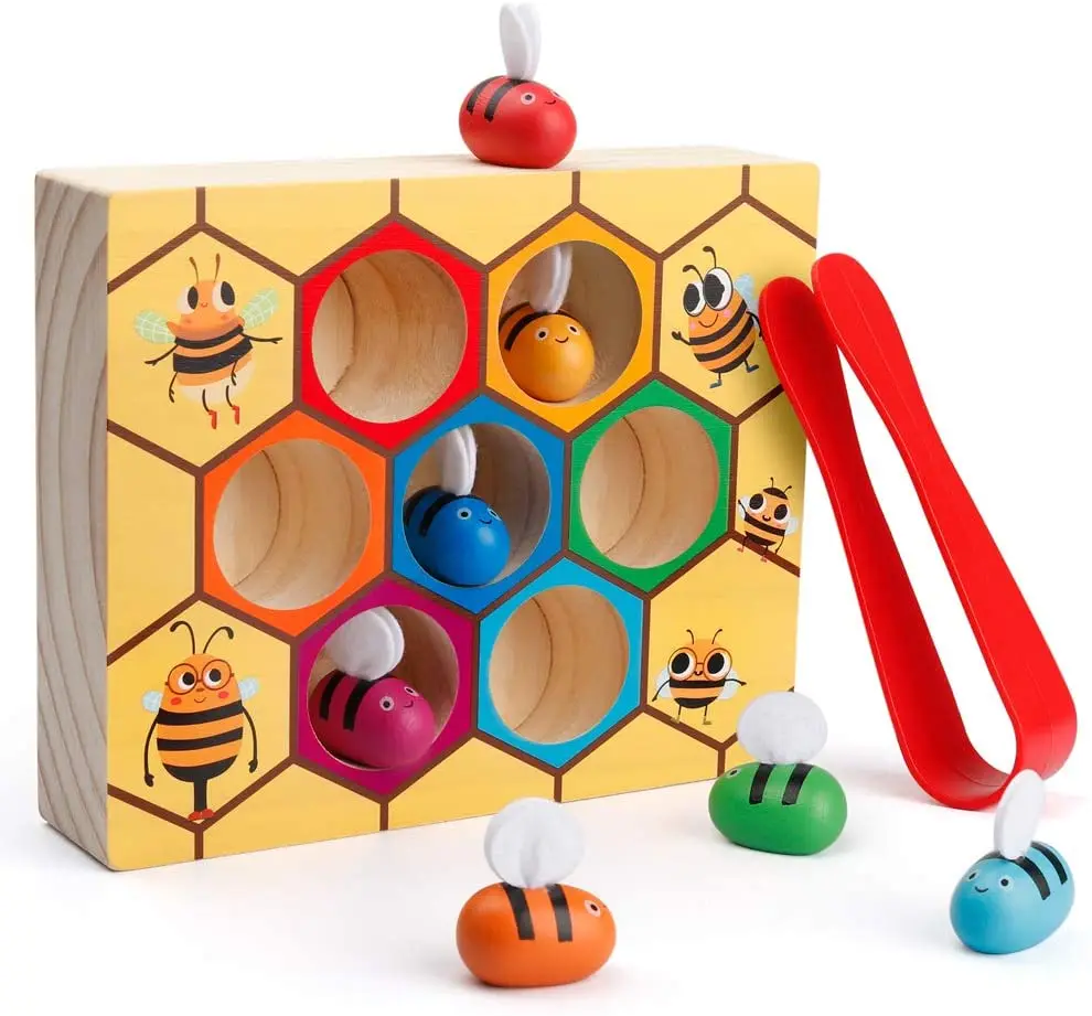 

Hot Wooden Leaning Educational Toys Children Montessori Early Education Beehive Game Childhood Color Cognitive Clip Small Bee To