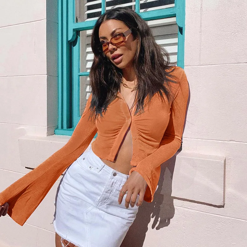 

Women Long Sleeve Button Up Collar Shirt Crop Top Sexy Basic Slim Fashion Ladies Ruched Women's T Shirt Blouse
