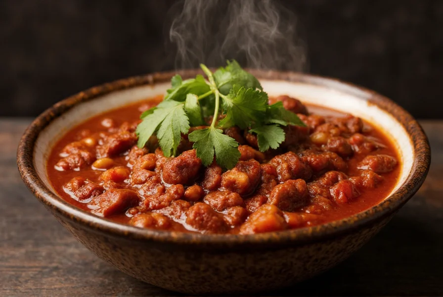 Bowl of rich, dark red chili with steam rising, garnished with fresh cilantro
