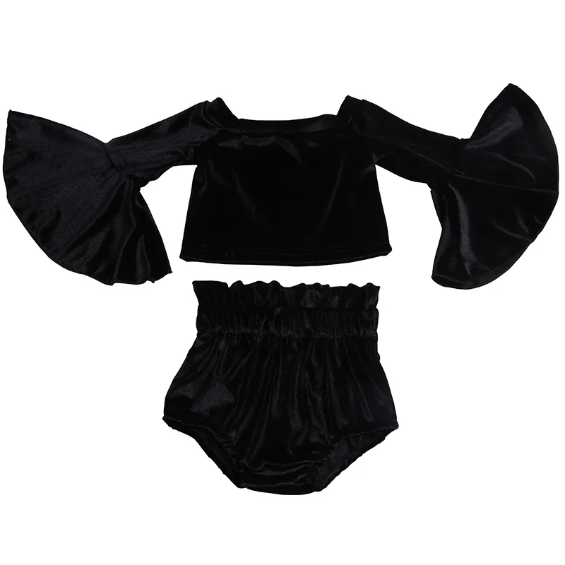 

2021 Solid Color Black Baby Clothing Sets Winter Fashion Printed Long Sleeve Bells Ruffles Girls Bummies Boutique Kids Bloomers, As picture
