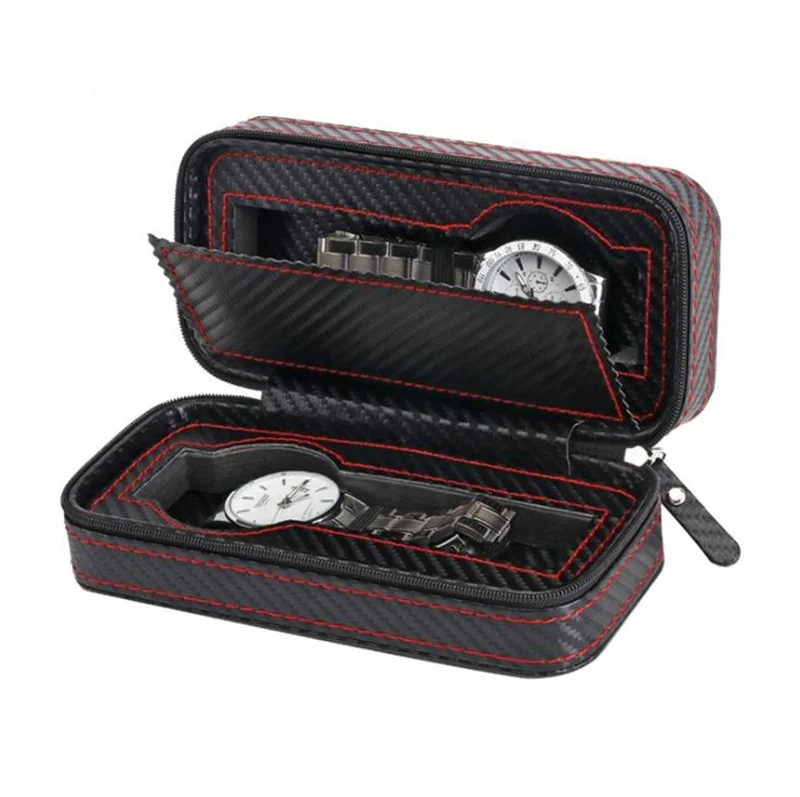 

Fancy china watch pocket factory double carbon fiber pu leather zipper watch travel packing box with 2 slots in stock, Black