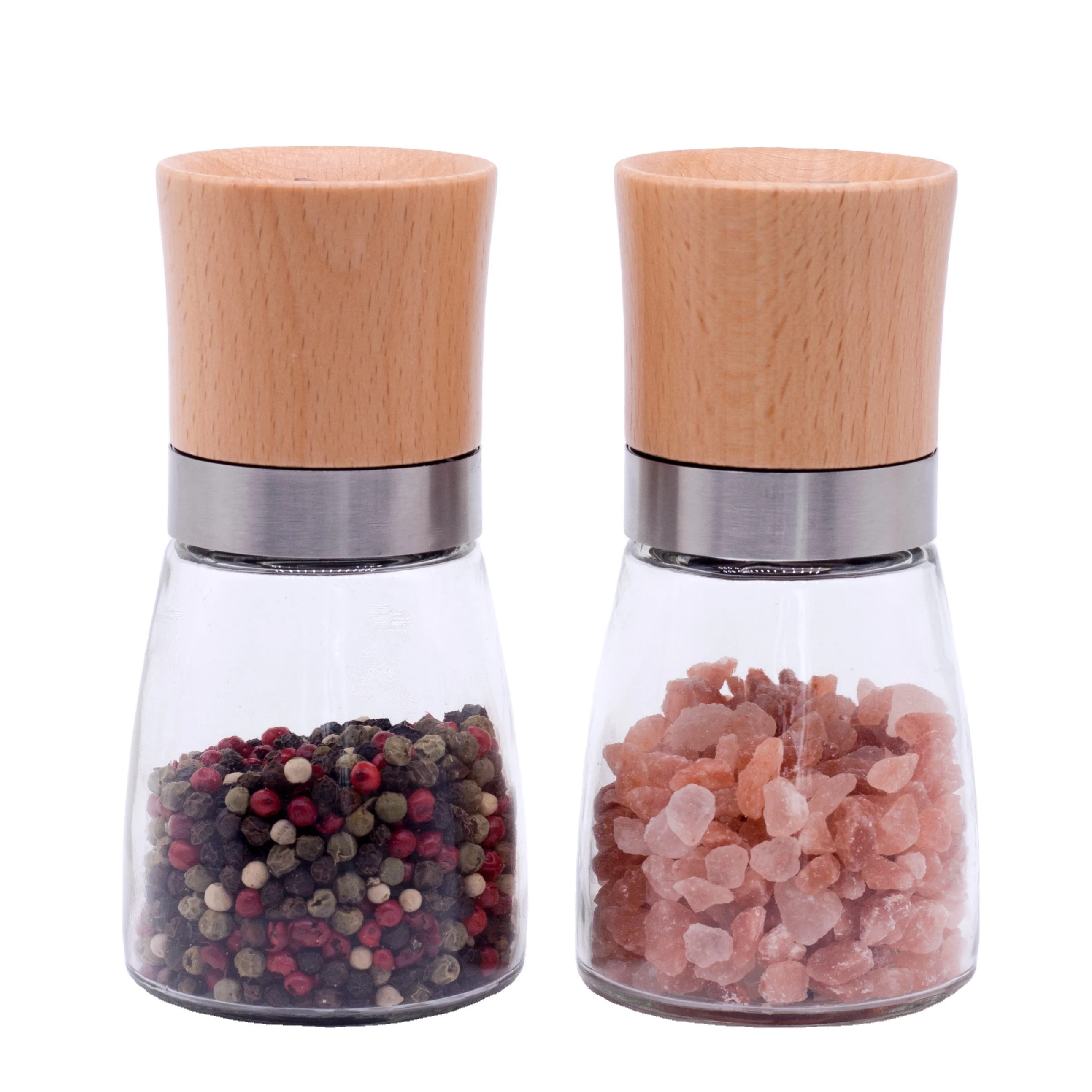 

Amazon hot sell kitchen tools salt bottle glass grinder with wood pepper mill salt grinder