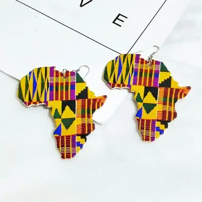 

2020 Hot Selling Africa Map Outline Wood Earring African Colorful Printed Stripes Geometric Earrings For Women Jewelry, As picture