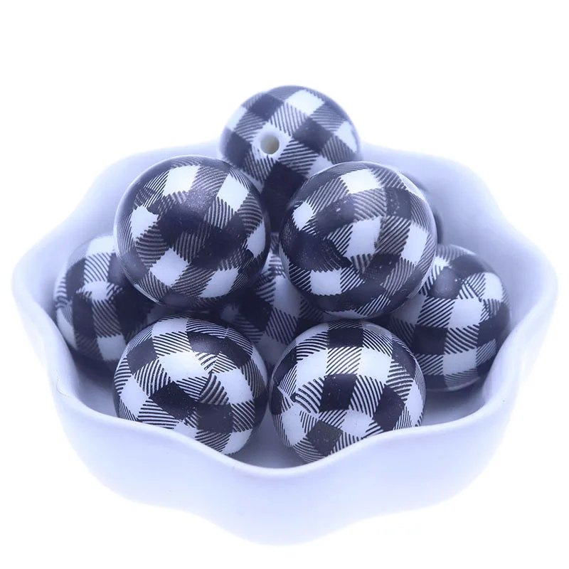 

Fashion Loose New Round Gumball Bubblegum Chunky 20mm White and Black Print ABS Pearl Plaid Beads For Pendants, Black print beads