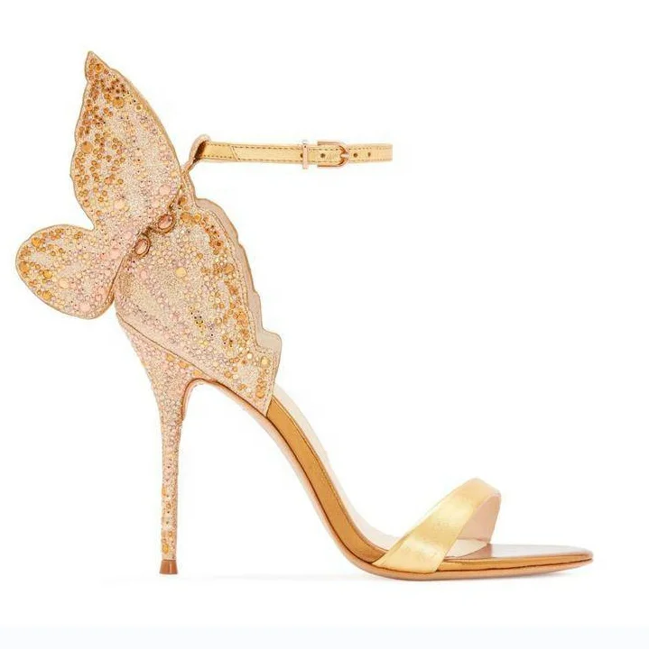 

2021 New Arrival Luxury Shoes Butterfly Rhinestone Open Toe Stiletto Heels Buckle Strap Women High Heel Shoes In Gold Pu Leather