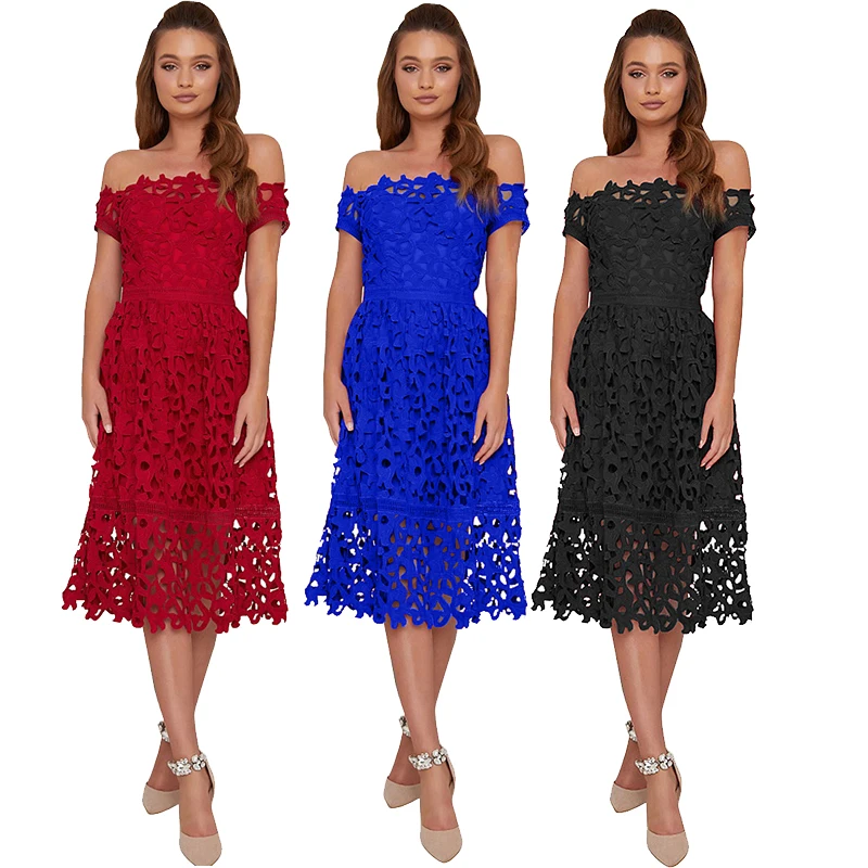 

High Quality Fashion Short Sleeve Off Shoulder Midi Party Evening Dresses Women Lady Elegant Party Prom Dresses, As shown