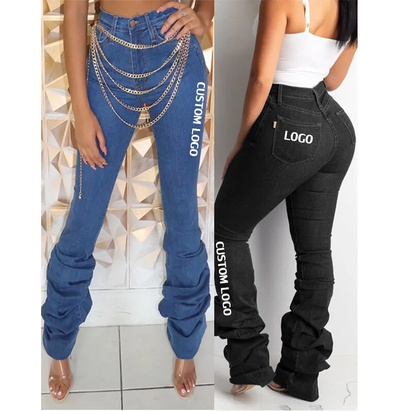 

Free Shipping Casual Fashion Lady Long Length Pencil Denim Pants High-Waisted Women Stacked Jeans, Customized color