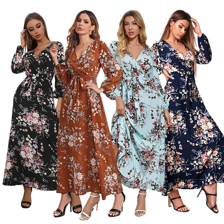 

Spring Fall Floral Women Bishop Sleeve Dress Casual Elegant Woman'S Maxi A Line Dresses V Neck Summer Boho Maxi Beach Dress, Multicolor