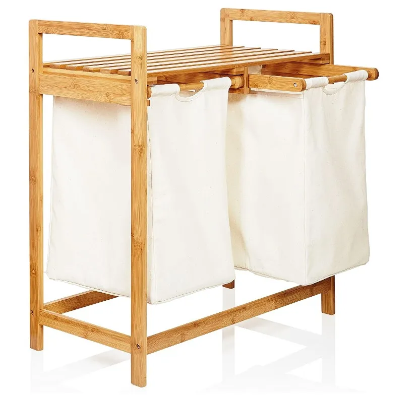 

Square Bamboo Wood Shelf Laundry Basket With 2 Pull Out Laundry Basket Lid