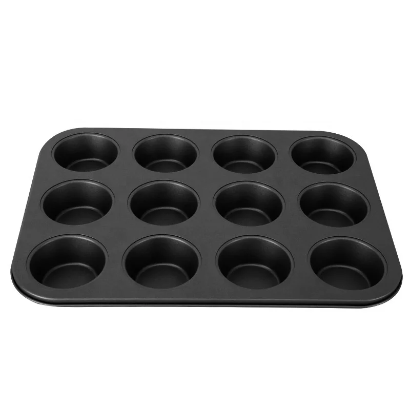 

Hot Sales Non-stick carbon steel 12 cups muffin cake baking tray baking Muffin cake mold, Black