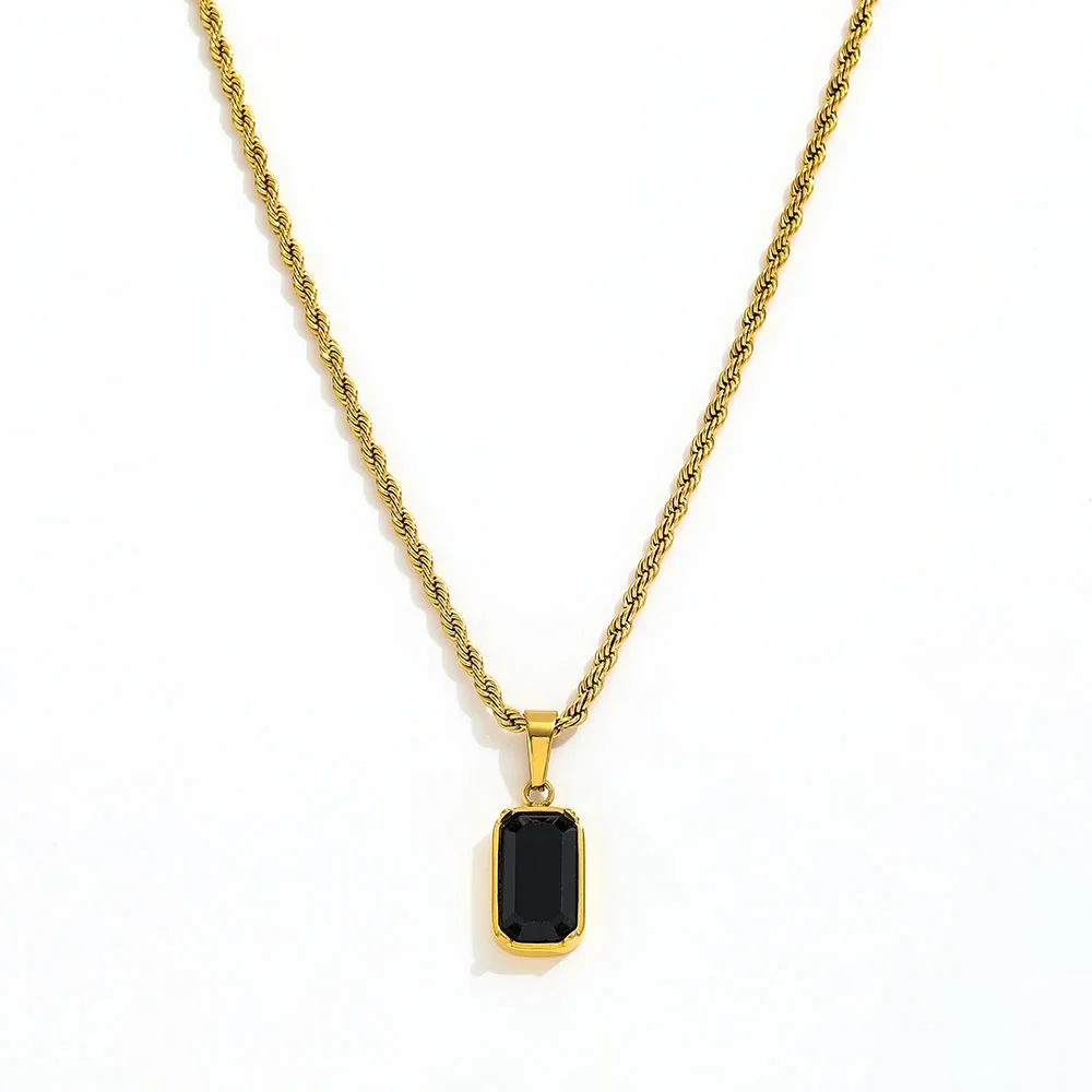 Joolim 18k Gold Plated PVD  Rectangle Black Stone Pendant Rope Chain Stainless Steel Necklace Trendy Jewelry Wholesale