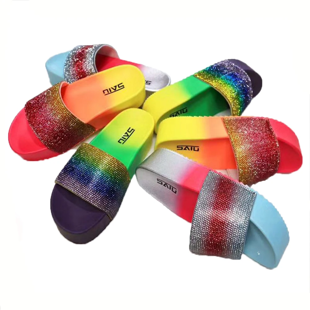 

Superstarer Multi color women platform slide slipper pvc rainbow rhinestone bling sandals causal slides slippers for ladies, Customized