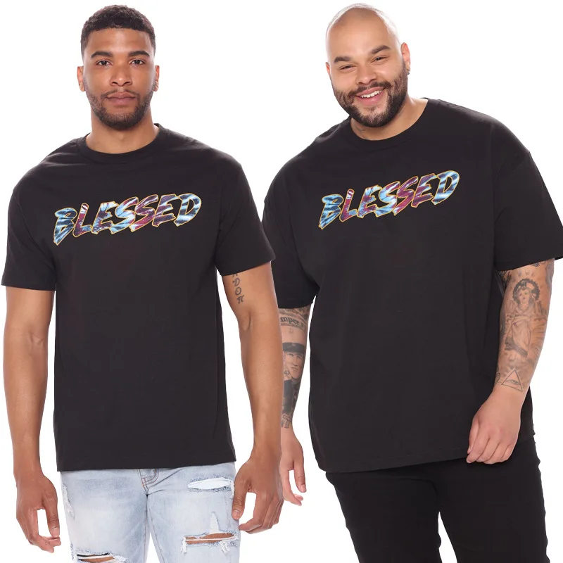 

Dropshipping Round Collar Letter Print Trendy Loose Summer Drop Shoulder Short Sleeved Plus Size Men's T-shirt, Black