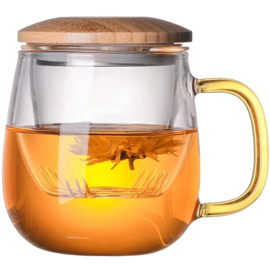 

High quality clear glass small flower cup with bamboo lid and handle