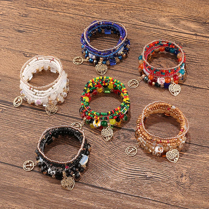 

Hot Sale New Fashion Bohemian Geometric Tree Of Life Pendant Multi-layer Beaded Bracelet Bangle For Women's Jewelry Wholesale