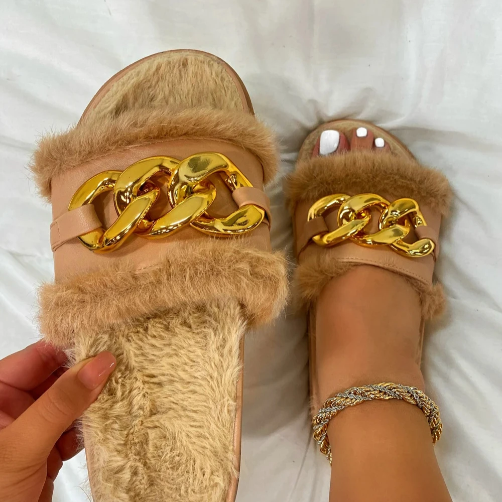 

2021 Designer luxury femmes ladies flat chain platform summer chain fur furry slippers fur furry sandals fur slides for women, Picture