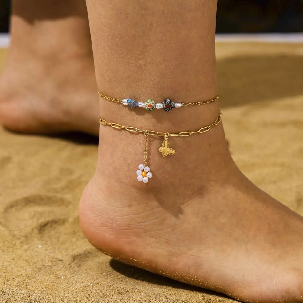 

Bohemian Design Real Gold Plated Stainless Steel Colorful Flower Anklets Multi Layer Titanium Steel Butterfly Anklets