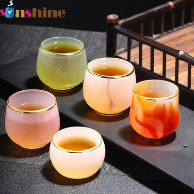 

New arrival luxury jade color glassware hand made small glass Kung Fu tea cups Single Cup with gold rim, As picture