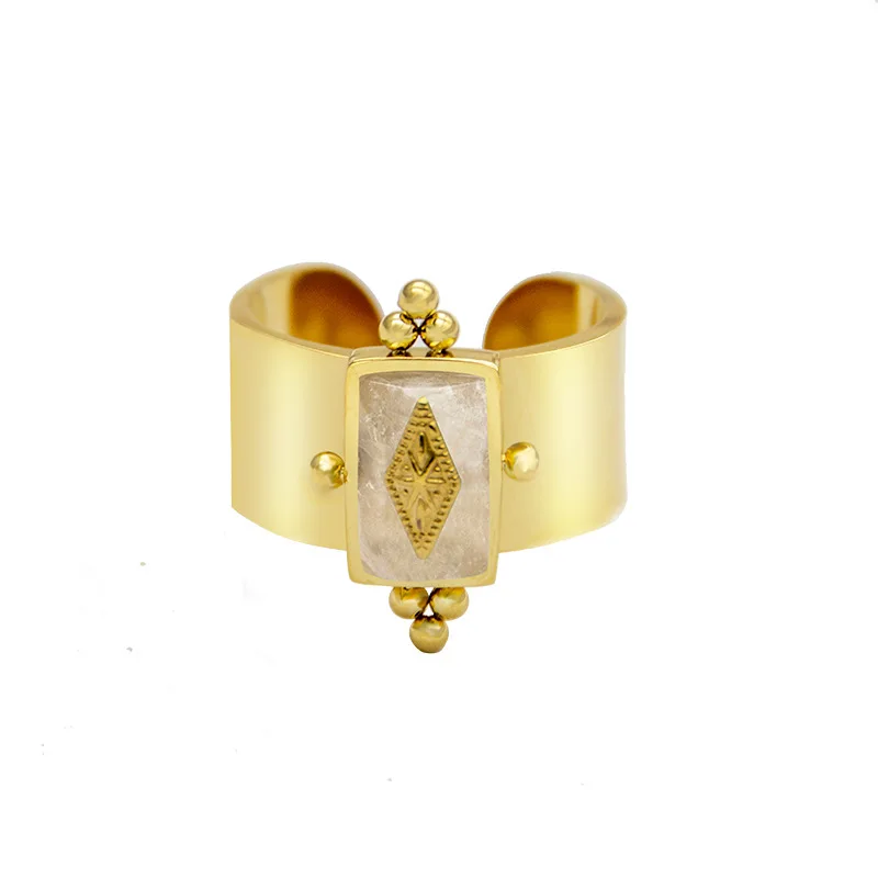 

2022 Chunky Jewelry 18k Gold Plated Statement Stainless Steel Square Shape Natural Stone Gemstone Finger Ring, Picture