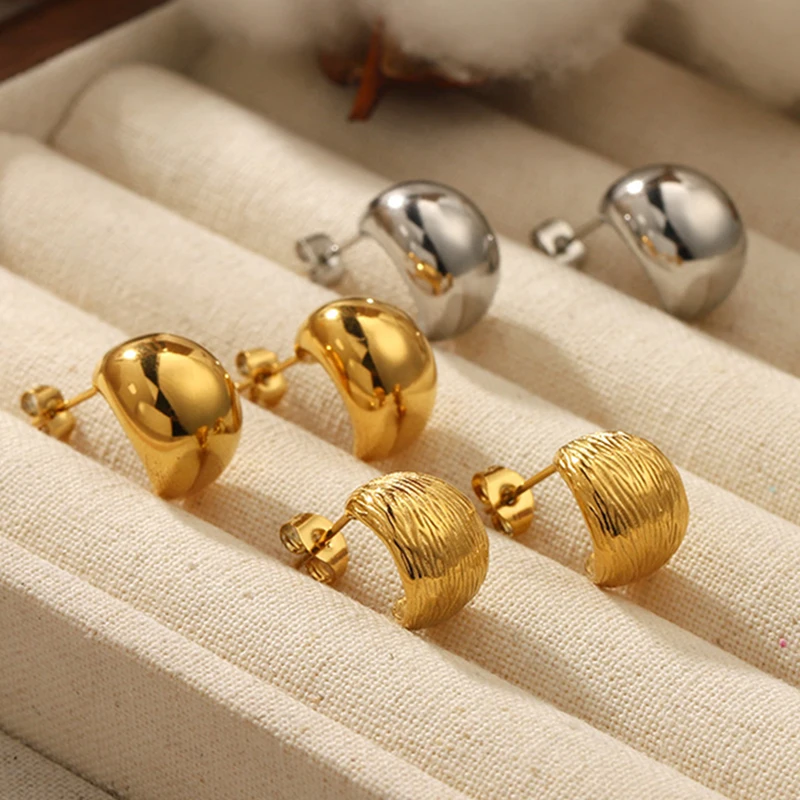 Vintage 18K PVD Gold Stainless Steel Stud Earrings Statement Thick Chunky Earrings for Women