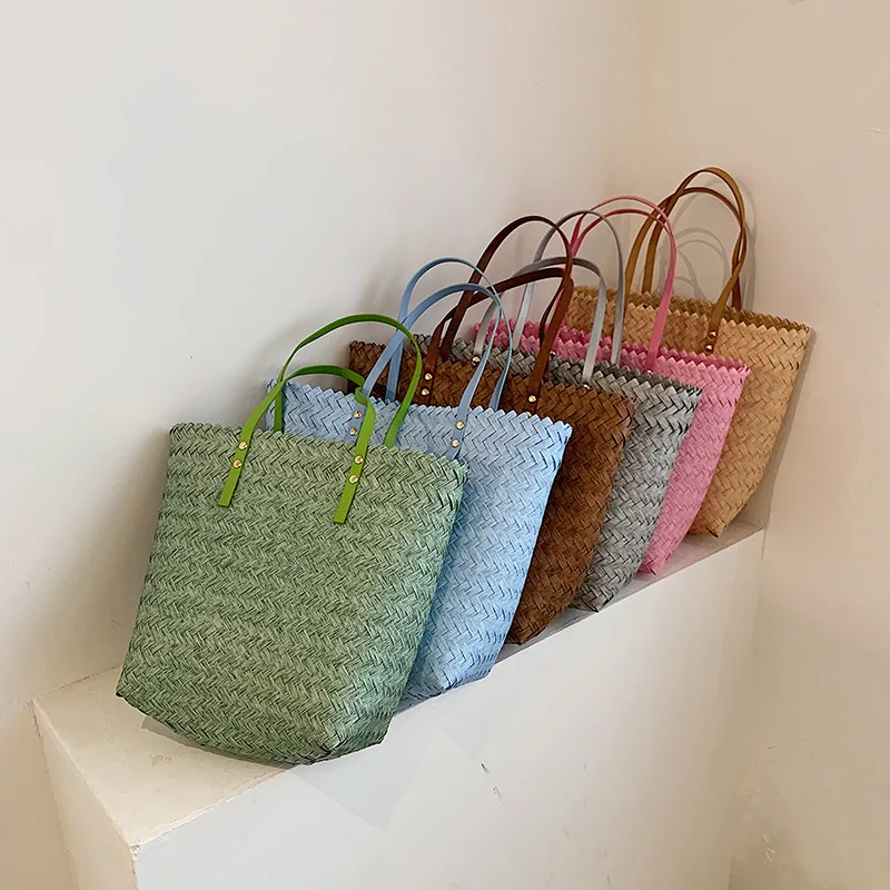 

Handmade Bamboo Handbag Multicolor woven Tote Bags Summer Straw Beach Bag