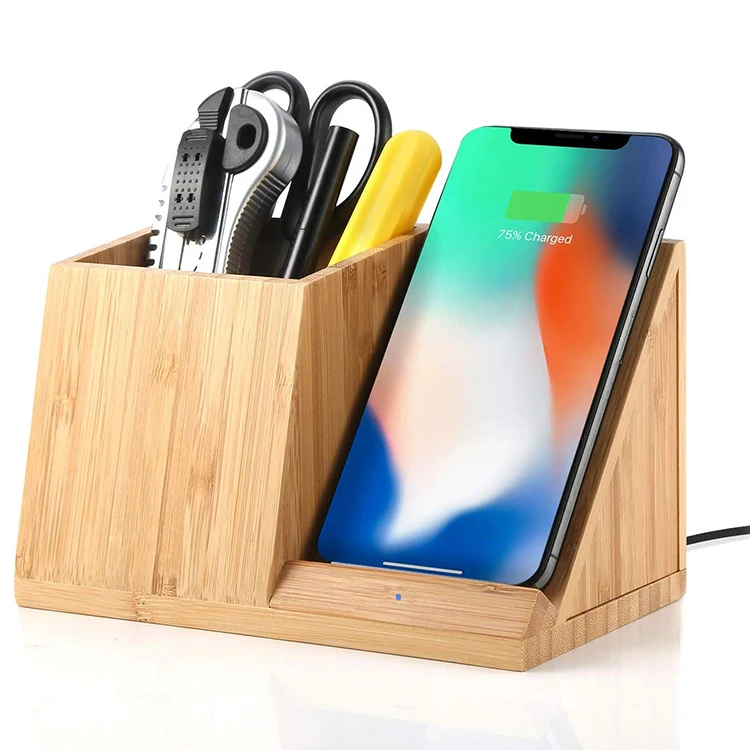 

OEM Logo 3 in 1 Bamboo Desk Organizer Wireless Charger 10W 15W Wireless Bamboo Pen Holder Charger With Pencil Box Fast Charging