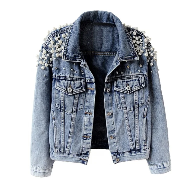 

Women Basic Coats Women Denim Jacket Pearls Beading Fashion Jeans Coat Loose Long Sleeve Jackets, Picture show