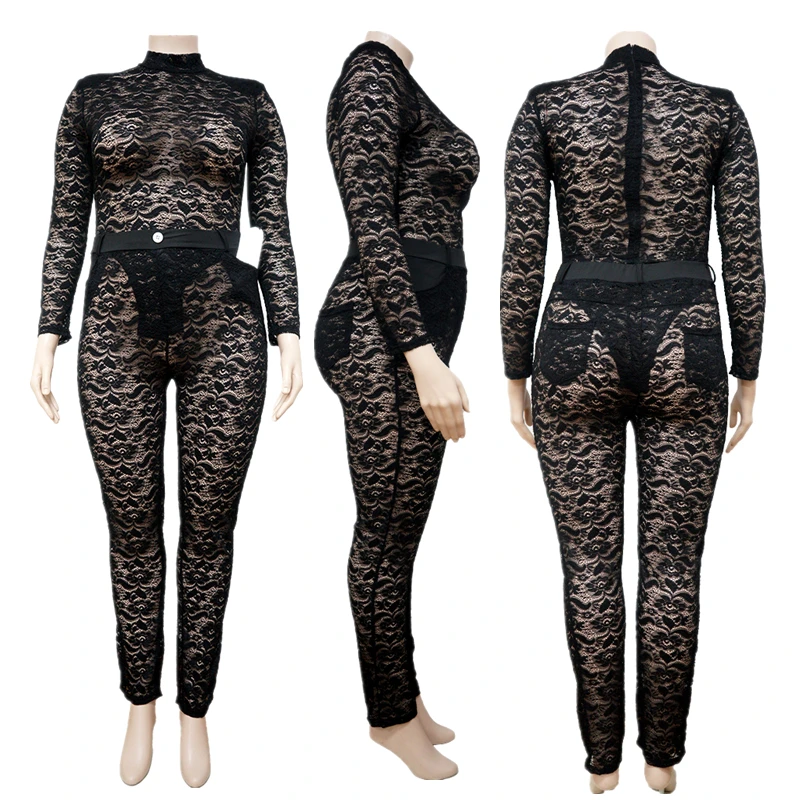 

Autumn Hot Sale Women Plus Size 2 Piece Set See Through Lace Sexy Nightclub Suit Fashion Long Sleeve Hollow Out Long Pants Set, 4colors