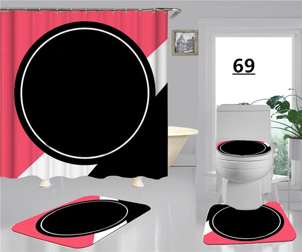 

Circular Striped Alphabetic Print Shower Curtain Bathroom 3-pieces Toilet Seat Set
