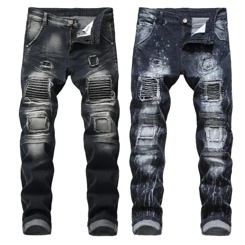 Wholesale Price Custom China manufacture Fashion Black Damaged hole jeans Pants Men Ripped Denim Jeans