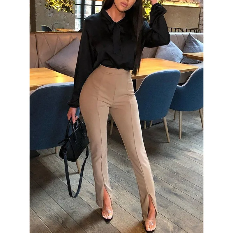 

Women Autumn Cotton Casual Tight Fit Leg Opening Split High Waist Pants Trousers Casual Office Lady Women Palazzo Pants