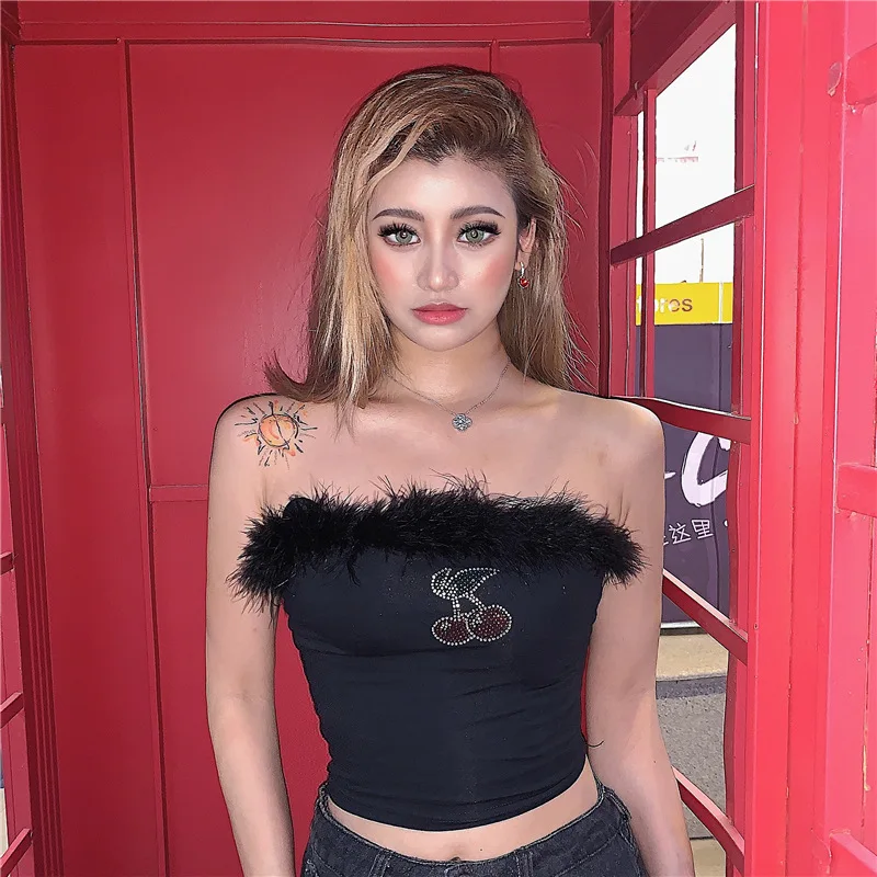 

Best Price Black Basic Crop Top Women Fashion Customized Crystal Print Feathers Camisole Strapless Sexy Tube Top For Ladies