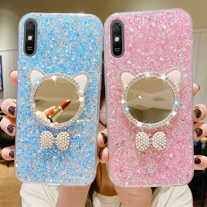 

Cute Makeup Mirror Fashion Phone Case For Redmi Note 10 11 Pro 2022 New Girls Silicone Bling Diamond Cover Case