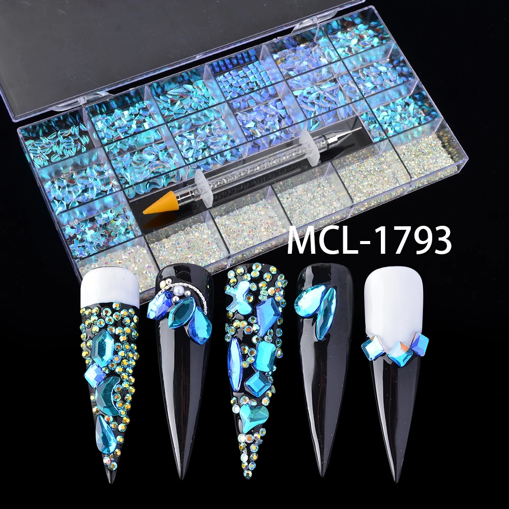 

Best seller Aurora blue glass nail rhinestones nail art crystal box set kit