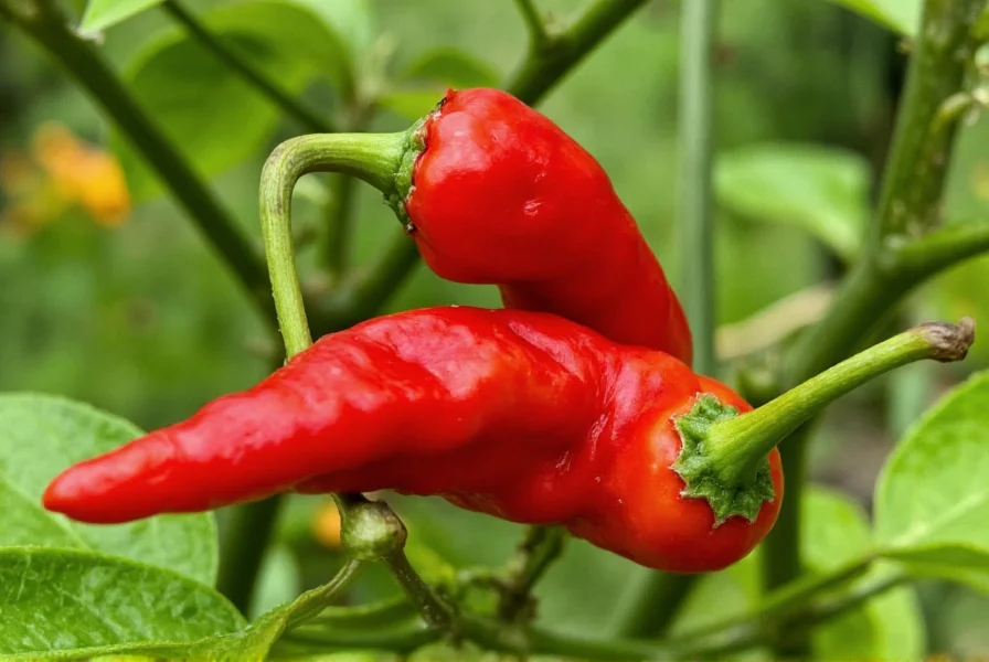Close-up photograph of ripe red Trinidad Moruga Scorpion peppers showing distinctive scorpion-tail curve and bumpy skin texture on plant